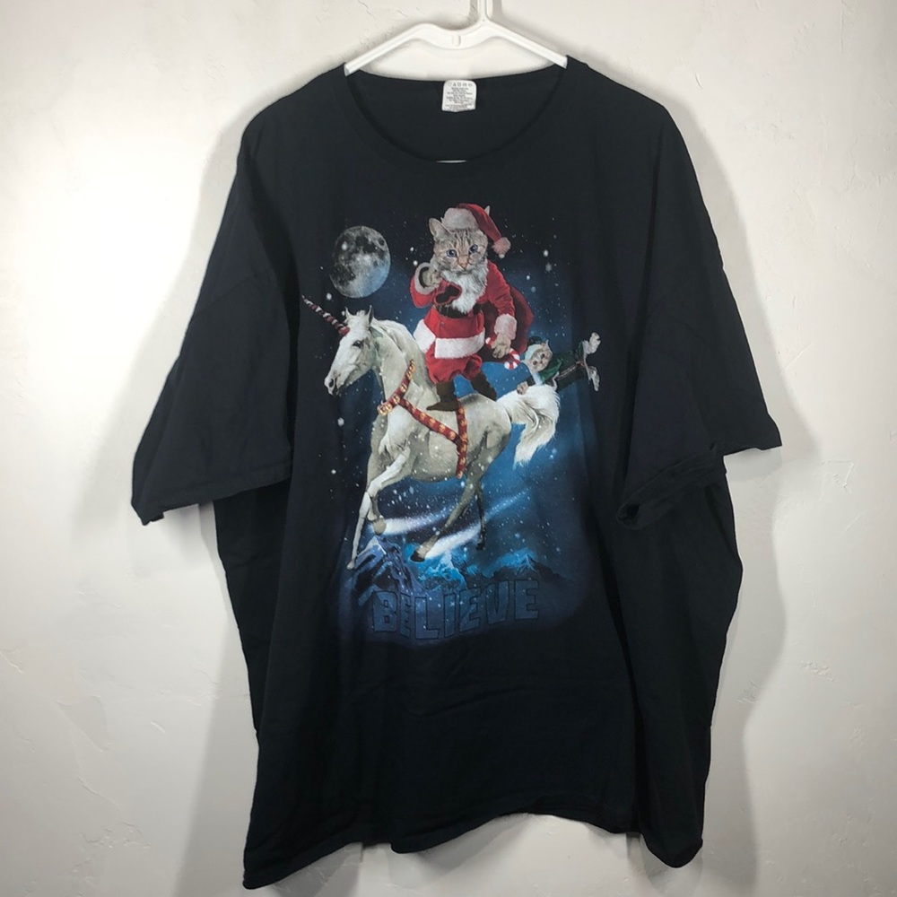 Dec. 25th black tee w/Christmas cats & Unicorn 3XL
